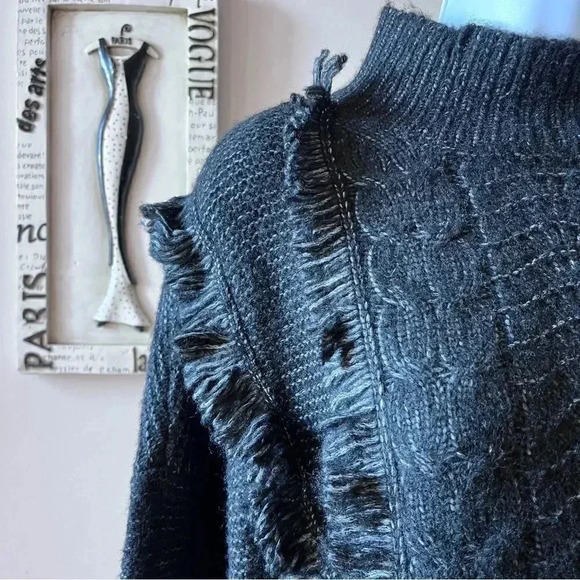 Loft Black Fringe Cable Knit Turtleneck Sweater Size L - Picture 5 of 10